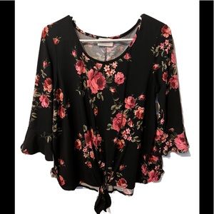 Woman’s black & pink floral top, ties in front, 3/4 bell sleeves. Size Large